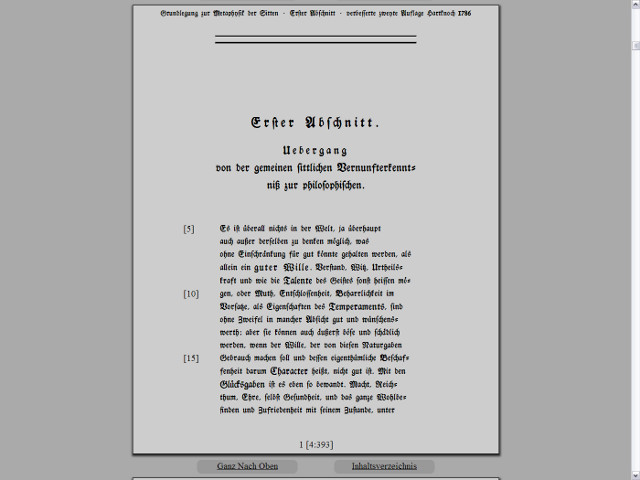Screenshot of a CSS-styled Fraktur HTMLversion of the emended second edition of 1786